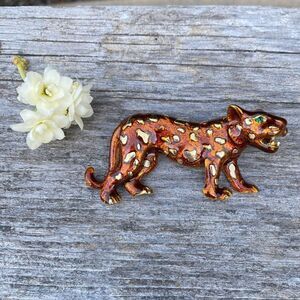 Bown and Gold Enamel Leopard, Jaguar, Panther Brooch w Green Rhinestone Eye. EUC